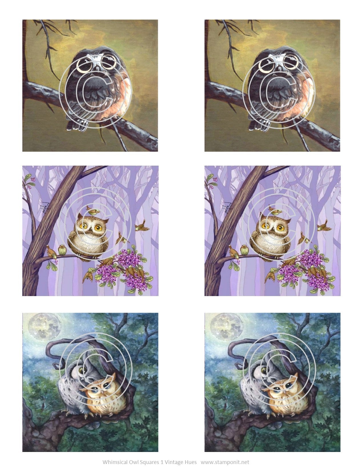 Whimsical Owls Squares 1, Vintage Hue Acetate